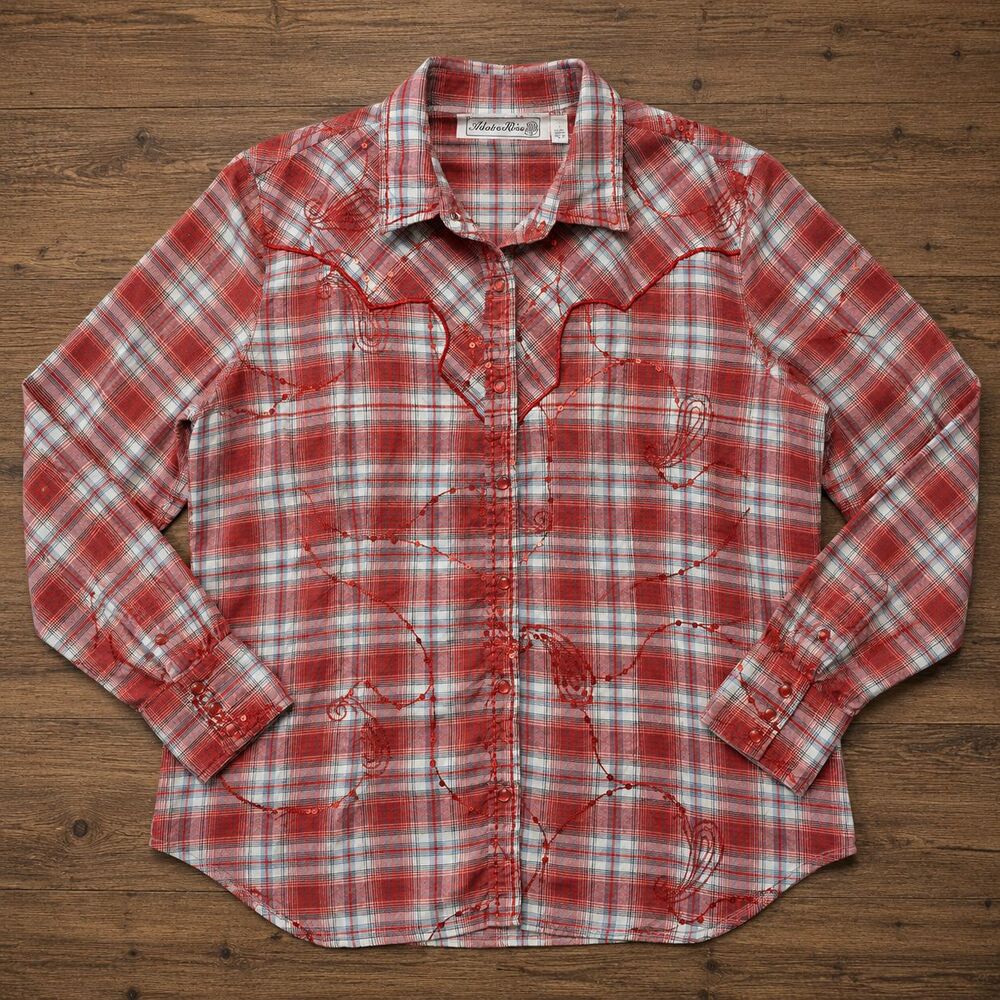 Adobe Rose Western Shirt Red Women 3X Plaid Sequin Embroidered Coastal Cowgirl